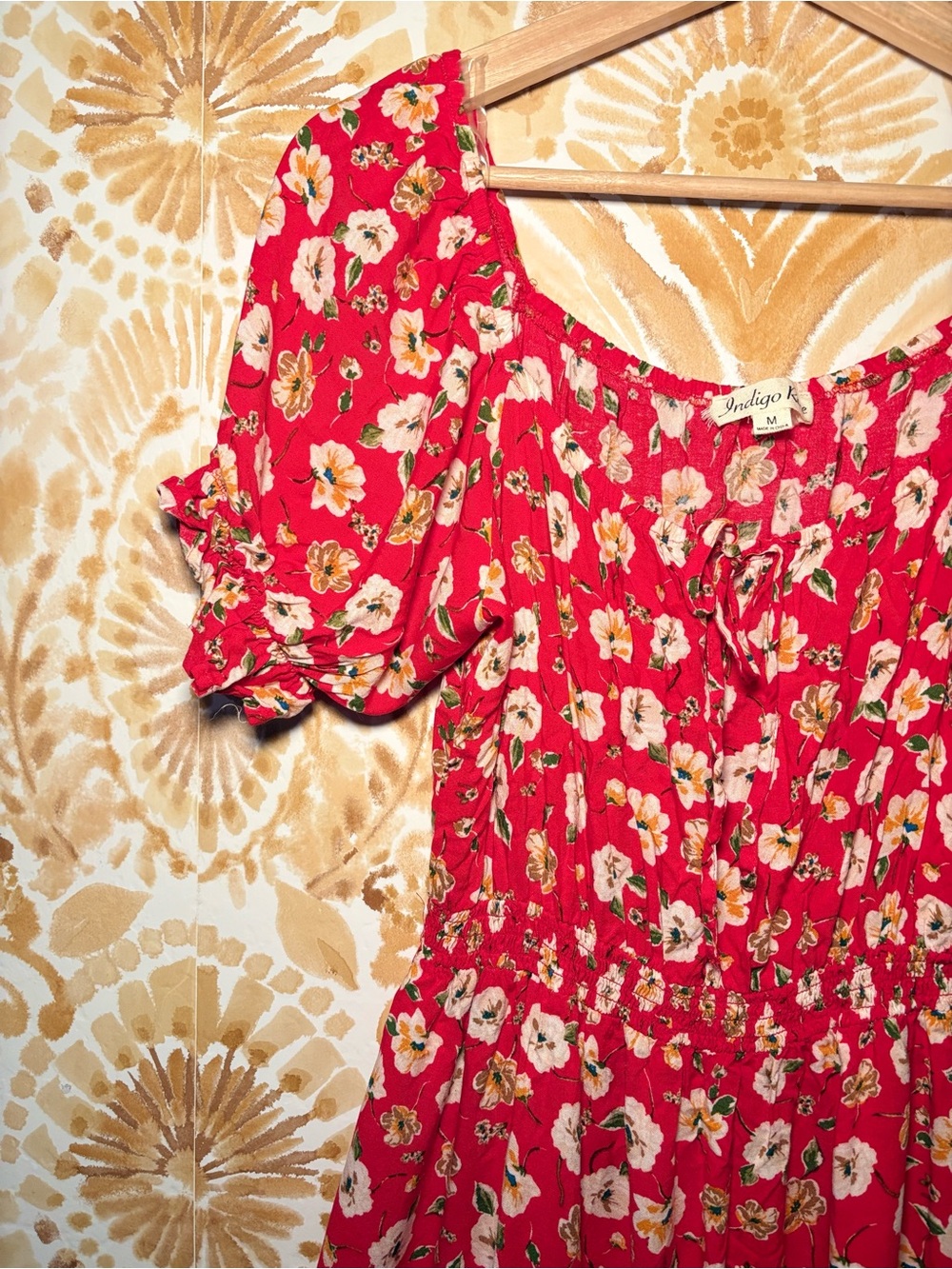 Red Floral Midi Dress Puff Sleeve Scoop Neck Fit Flare Cottagecore Boho Romantic - Picture 6 of 12